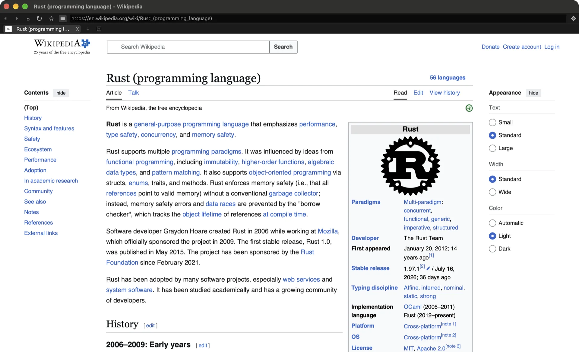 smbCloud Browser rendering the Rust article on Wikipedia, with tabs, an address bar, and the bookmark star visible